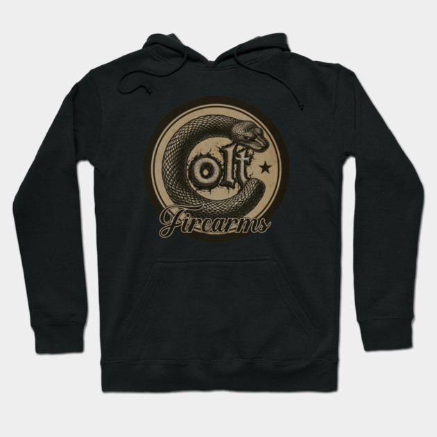 Black hoodie with vintage-style snake and text graphic, featuring a front pocket and drawstring hood. Perfect for casual wear.