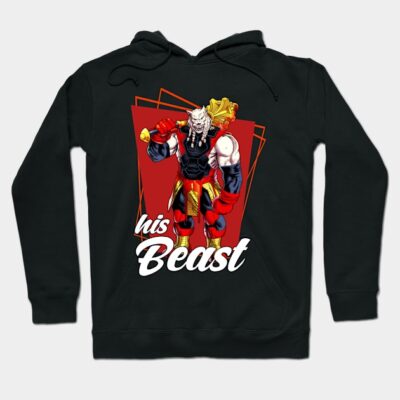 Black hoodie with bold graphic design featuring a muscular warrior and "His Beast" text, perfect for casual wear.