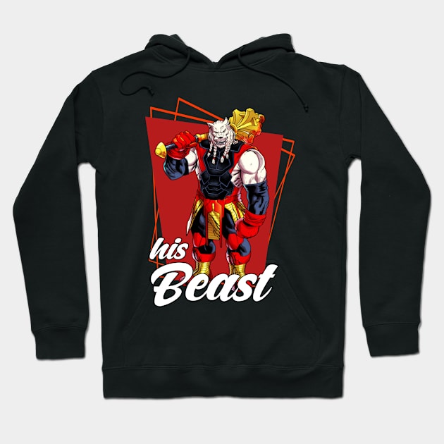 Black hoodie with bold graphic design featuring a muscular warrior and "His Beast" text, perfect for casual wear.