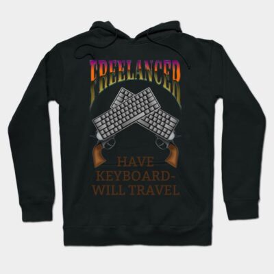 Black freelancer-themed hoodie with keyboard graphic and "Have Keyboard-Will Travel" text, ideal for casual wear.