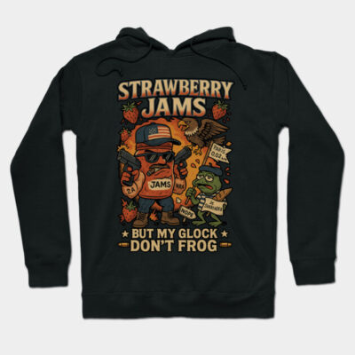 Black hoodie with "Strawberry Jams" graphic, featuring playful illustrations and text, casual wear, cotton blend.