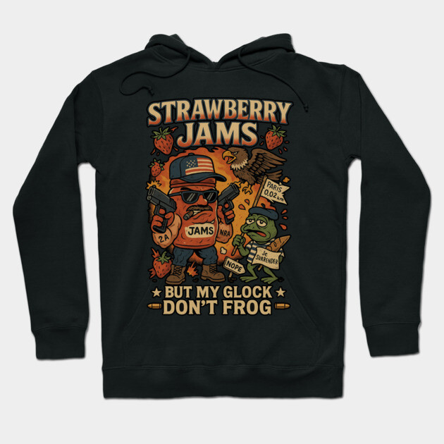 Black hoodie with "Strawberry Jams" graphic, featuring playful illustrations and text, casual wear, cotton blend.