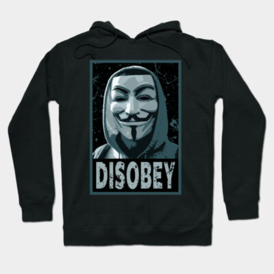Black hoodie with "Disobey" text and masked figure print, ideal for casual wear, soft cotton blend material.