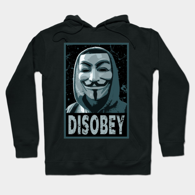 Black hoodie with "Disobey" text and masked figure print, ideal for casual wear, soft cotton blend material.