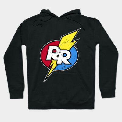 Black hoodie with colorful lightning bolt and RR logo design, casual style for everyday wear, cotton blend material.