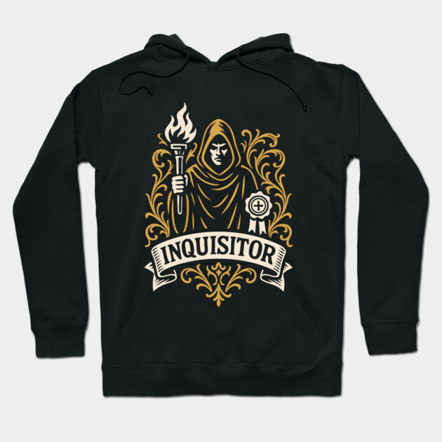 Black hoodie with "Inquisitor" graphic, featuring medieval design in gold and white. Ideal for casual wear.