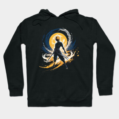 Black hoodie with vibrant anime-inspired design, featuring a silhouette and abstract colors. Ideal for casual wear.