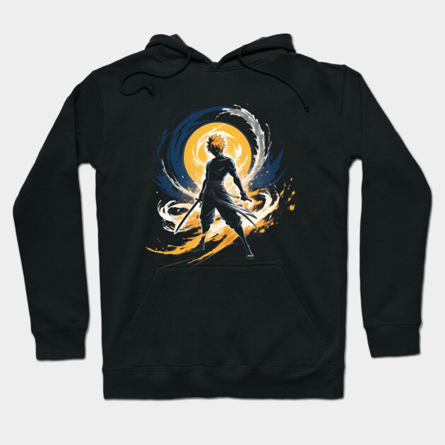 Black hoodie with vibrant anime-inspired design, featuring a silhouette and abstract colors. Ideal for casual wear.