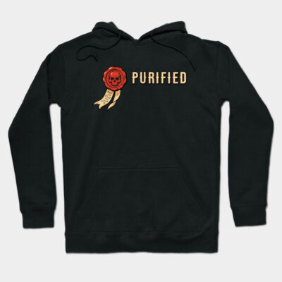 Black hoodie with "Purified" text and red seal graphic, casual style, comfortable cotton blend, unisex design.