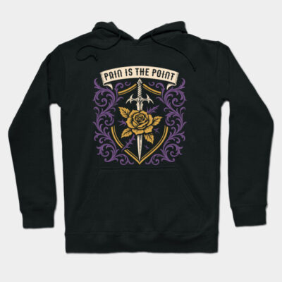 Black hoodie with "Pain is the Point" text, sword and rose design, purple and yellow accents, cotton blend, casual wear.