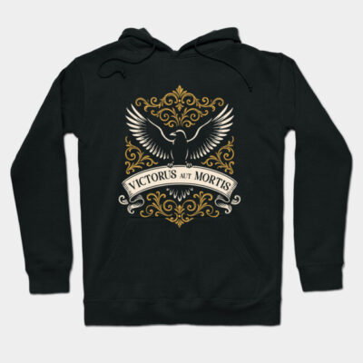 Black hoodie with gold ornate eagle design and "Victorus Aut Mortis" text, perfect for casual wear.