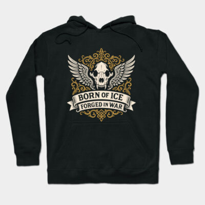 Black hoodie with gothic skull design, wings, and "Born of Ice, Forged in War" text. Warm, stylish, cotton blend.