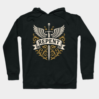 Black hoodie with "Repent" sword and wings design, gothic style, perfect for casual wear, made from soft cotton blend.