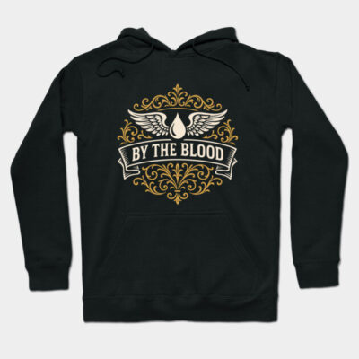 Black hoodie with gold ornate design and "By The Blood" text, perfect for casual wear. Cotton blend material.