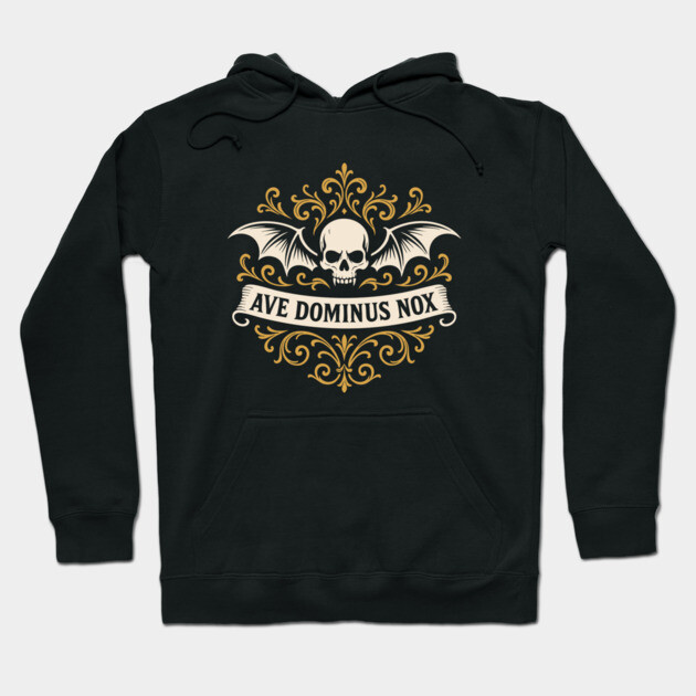 Black gothic hoodie with skull and wings design, "Ave Dominus Nox" text, cotton material, perfect for casual wear.