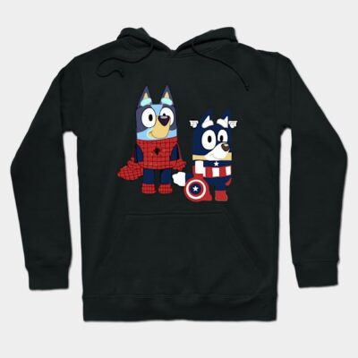 Black hoodie with cartoon dog superheroes design, featuring blue and red costumes, cotton material, casual wear.