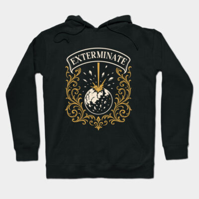 Black hoodie with "Exterminate" text, ornate gold design, and abstract globe print. Casual wear, cotton blend.