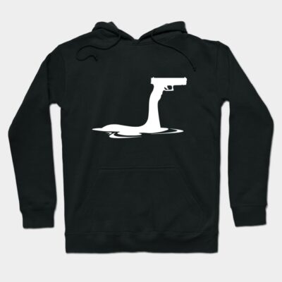 Black hoodie with white abstract gun design, featuring a drawstring hood and kangaroo pocket for casual wear.