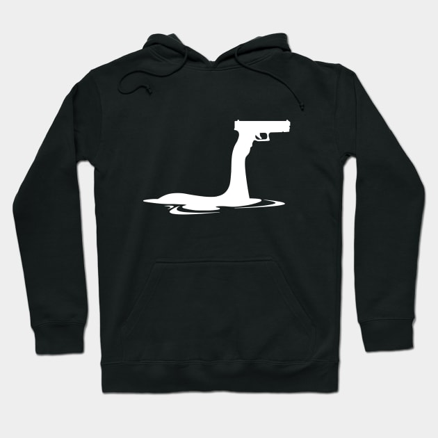 Black hoodie with white abstract gun design, featuring a drawstring hood and kangaroo pocket for casual wear.