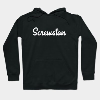 Black hoodie with "Screwston" text, casual style, comfortable cotton blend, ideal for everyday wear.