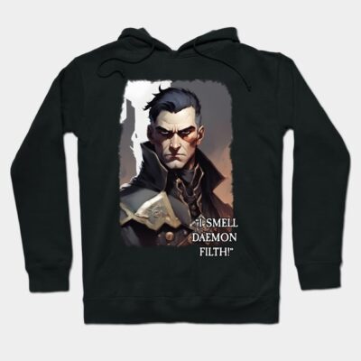 Black hoodie with fantasy character print, "I Smell Daemon Filth!" text, casual wear, cotton blend material.
