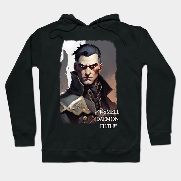 Black hoodie with fantasy character print, "I Smell Daemon Filth!" text, casual wear, cotton blend material.