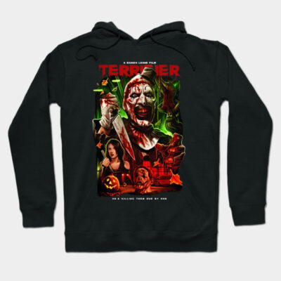 Black horror-themed graphic hoodie with colorful design elements, perfect for casual wear and Halloween enthusiasts.