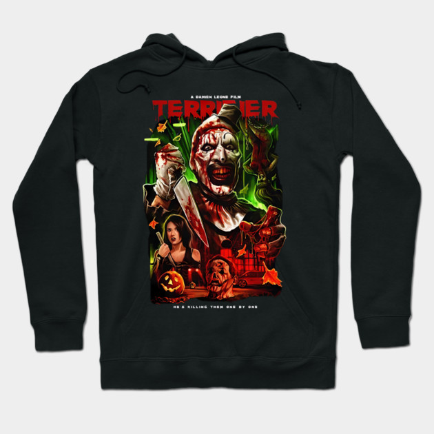 Black horror-themed graphic hoodie with colorful design elements, perfect for casual wear and Halloween enthusiasts.