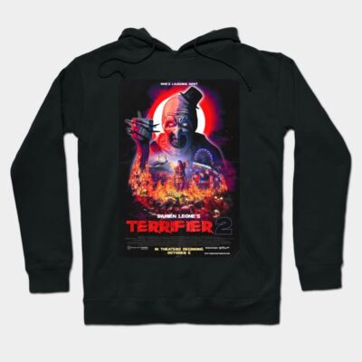 Black hoodie featuring Terrifier 2 graphic print, horror movie theme, cotton blend, casual wear, unisex style.