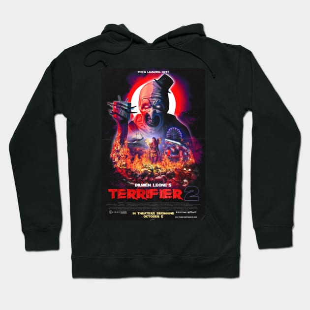 Black hoodie featuring Terrifier 2 graphic print, horror movie theme, cotton blend, casual wear, unisex style.