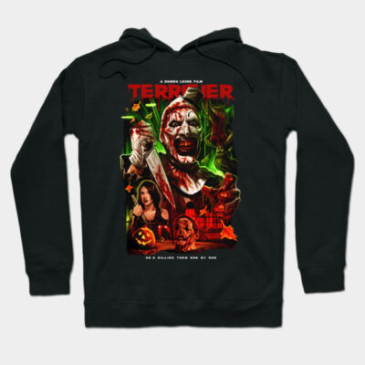 Black horror-themed hoodie with colorful graphic design, featuring horror elements. Perfect for Halloween or casual wear.