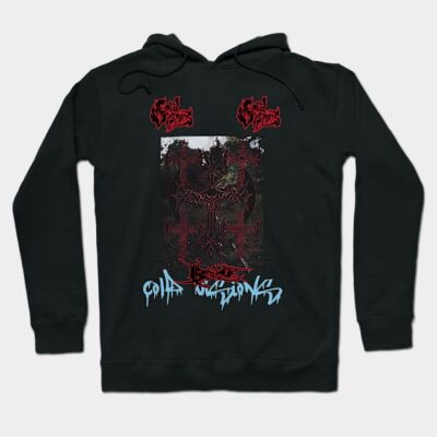 Black graphic hoodie with artistic design, red and blue text, perfect for casual wear and street style fashion.