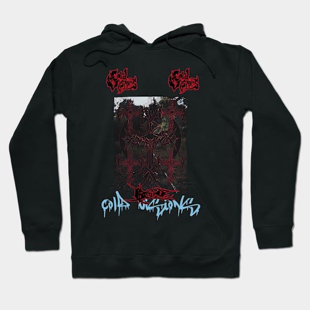 Black graphic hoodie with artistic design, red and blue text, perfect for casual wear and street style fashion.