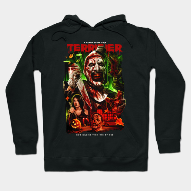 Black horror-themed hoodie with colorful graphic design, featuring horror elements. Perfect for Halloween or casual wear.
