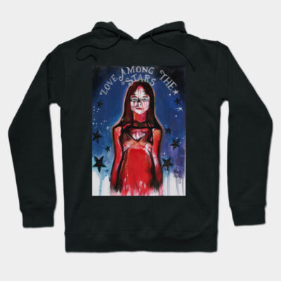 Black hoodie with "Love Among the Stars" graphic, featuring a red and blue artistic design, ideal for casual wear.