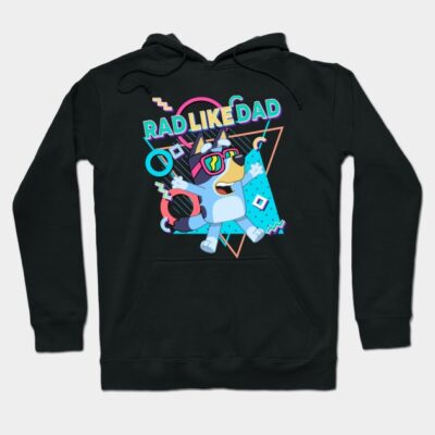 Black hoodie with "Rad Like Dad" graphic, featuring a colorful cartoon design, perfect for casual wear.