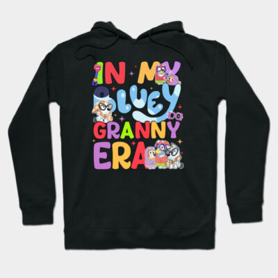 Black hoodie with colorful "In My Bluey Granny Era" graphic, featuring playful cartoon characters, perfect for casual wear.