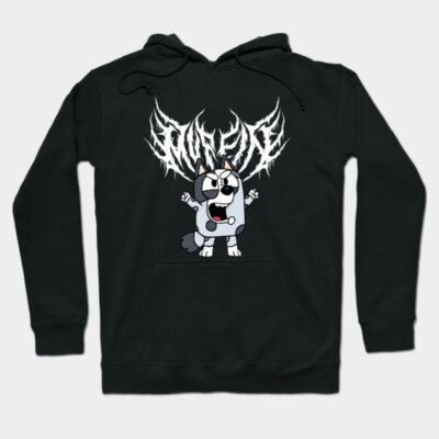 Black hoodie with cartoon dog graphic and bold text, perfect for casual wear. Made from soft, comfortable material.