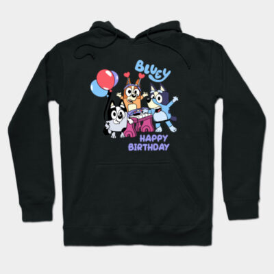 Black hoodie with colorful cartoon print, Bluey birthday theme, cozy cotton material, perfect for casual wear.