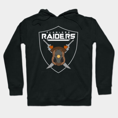 Black "Flawless Raiders" hoodie with graphic design, casual style, ideal for gaming enthusiasts, cotton blend material.