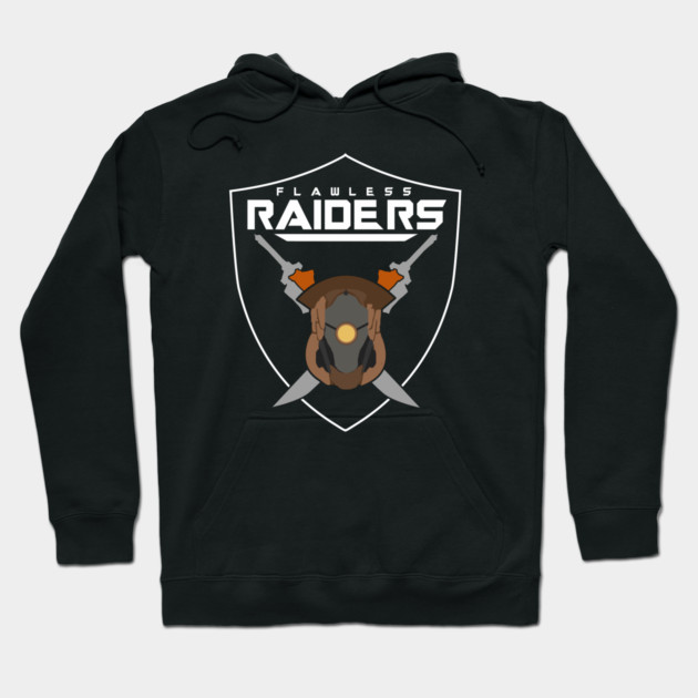 Black "Flawless Raiders" hoodie with graphic design, casual style, ideal for gaming enthusiasts, cotton blend material.