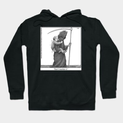 Black hoodie with a Grim Reaper graphic and "Don't mention it" text, cotton material, casual style.