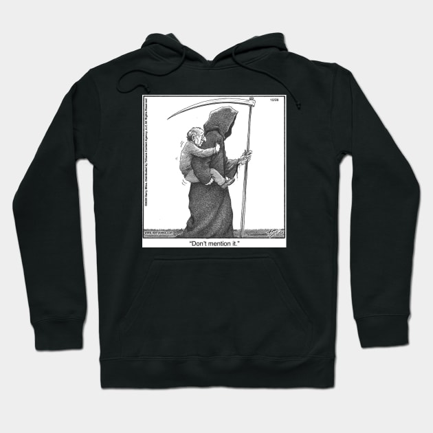 Black hoodie with a Grim Reaper graphic and "Don't mention it" text, cotton material, casual style.