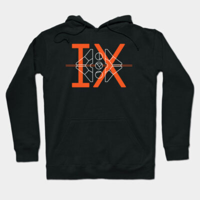Black hoodie with geometric orange and white design, featuring drawstrings and front pocket, perfect for casual wear.