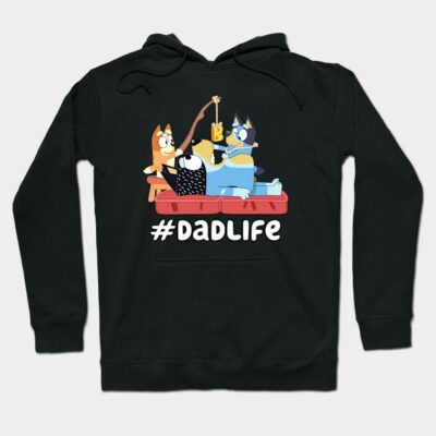Black hoodie with #DadLife text and playful cartoon design, perfect for casual wear. Cozy cotton blend material.