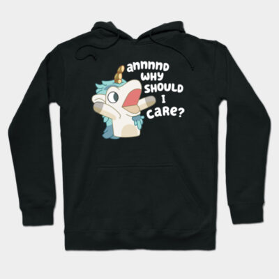 Black hoodie with cartoon unicorn design and "Why Should I Care?" text, casual style, cotton material.