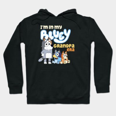 Black hoodie with playful cartoon design, text "I'm in my Bluey Grandpa Era," cozy and stylish for casual wear.