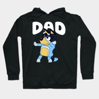 Black hoodie with playful cartoon design and bold "DAD" text, perfect for casual wear. Soft cotton material.