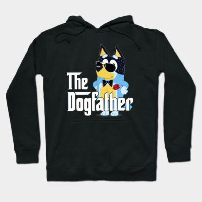Black hoodie with "The Dogfather" graphic, featuring a cartoon dog in sunglasses. Casual wear, cotton blend material.