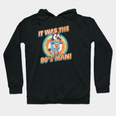 Black retro-themed hoodie with cartoon graphic and "It Was the 80's Man" text, perfect for casual wear.